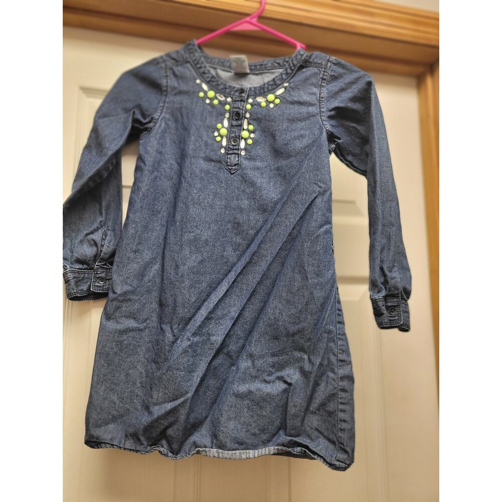 Gymboree Girls Chambray Denim Dress Neon Embellished Long Sleeve Size 8